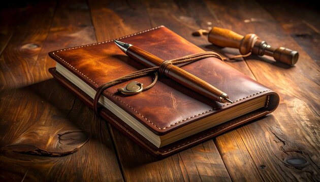 Brown leather journal, pen, and wooden spool on rustic wood grain surface