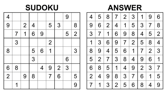 Vector sudoku with answer 79. Educational game with numbers for kids and leisure for adult on white background.