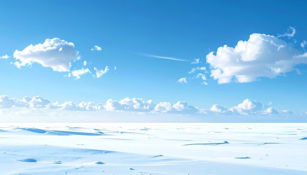 Vast white, snow-covered field under a bright, blue sky with scattered clouds