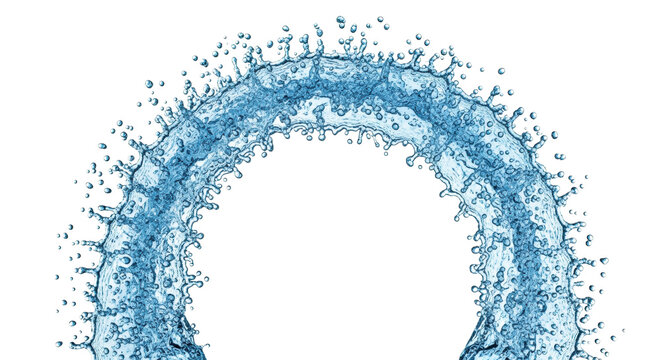 An exploding circular arc of transparent blue water with sharp droplets frozen in motion on a white infinity background, concept for beverage advertising