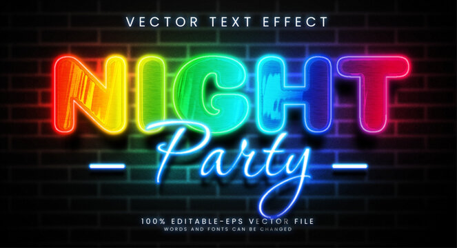 Night party editable text style effect. Glowing text with colorful concept, suitable for neon style theme.