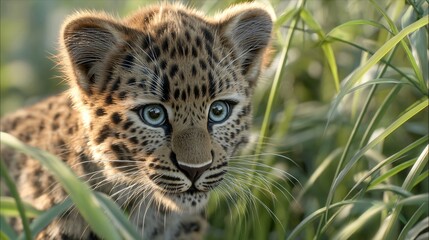 Fototapeta premium Leopard Cub in Lush Habitat: Captivating image of a leopard cub with striking blue eyes, nestled amidst vibrant greenery, exuding an aura of innocence and curiosity.
