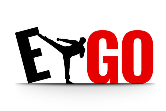 Creative ego concept illustration showing karate kick silhouette breaking large typography. Perfect for emotional intelligence, self control, leadership, mindset, psychology, and personal growth