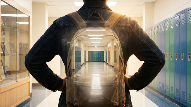 Student Backpack Reflects School Hallway, Back to School