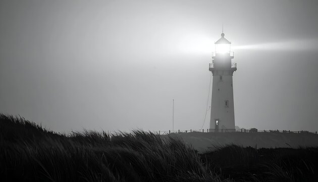 Grayscale lighthouse with bright beacon shining over grassy dunescape