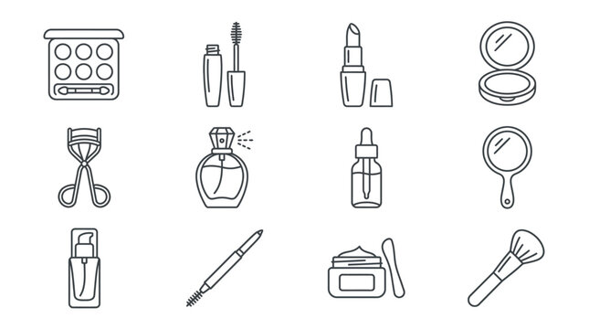 A collection of twelve line art icons representing various makeup and beauty products, arranged in a 3x4 grid.