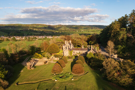Elevated view over the historic buildings and gardens of the Tudor castle in the Conwy valley.