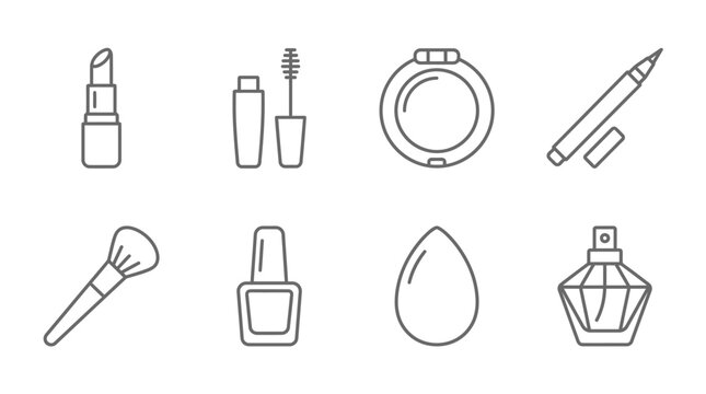 A collection of eight line art icons representing various makeup and beauty products, including lipstick, mascara, powder, eyeliner, brush, nail polish, sponge, and perfume.