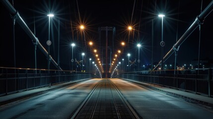 Fototapeta premium Hyperrealistic night shot of empty bridge with steel cables and street lights Canon EOS R5 24mm f8