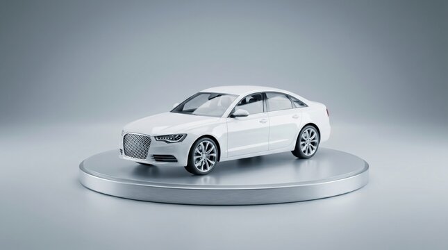 A glossy white four-door sedan model sits on a metallic round platform against a smooth gradient gray studio background.