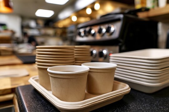 Paper takeout bowls and reusable trays on clean food service counter in commercial kitchen