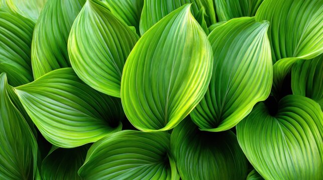 Lush vibrant green foliage displays numerous parallel veins in a dense natural grouping