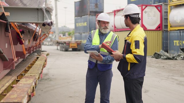 Two logistics workers inspecting secured cargo on a flatbed truck at a shipping terminal, collaborating on supply chain management using a digital tablet.