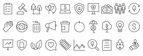 ESG flat line icon set. Outline icon collection related to ecology, environment social governance, risk management, sustainable developmen vector © Esnudr