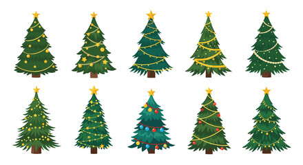 Obraz premium Ten ornate Christmas tree illustrations adorned with glowing stars, golden garlands, and colorful baubles arranged in a professional horizontal grid on white.