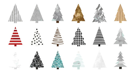 Obraz premium Fifteen minimalist Christmas tree illustrations featuring a diverse array of geometric patterns, textures, and graphic styles arranged in three rows on white.