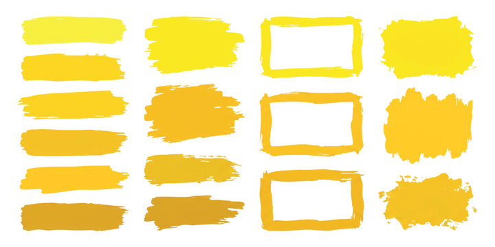 Set of yellow hand drawn paint brush strokes and rectangular frames for artistic design elements