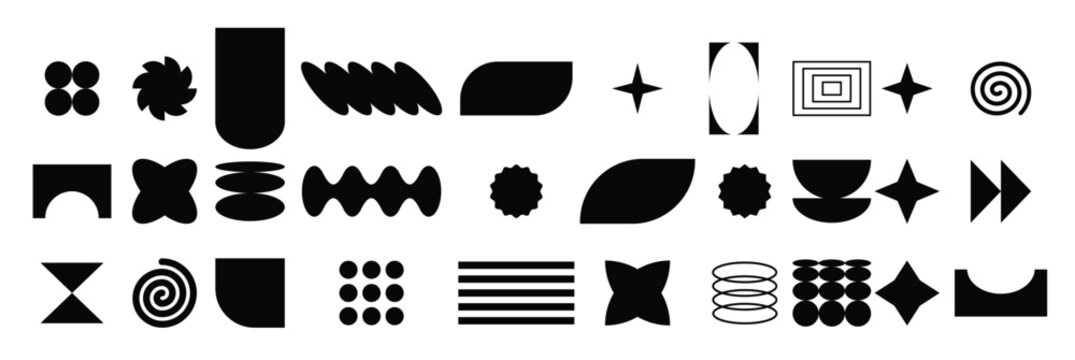 Flat geometric forms stickers, retro design shapes set, simple forms and frames. Vector illustration.