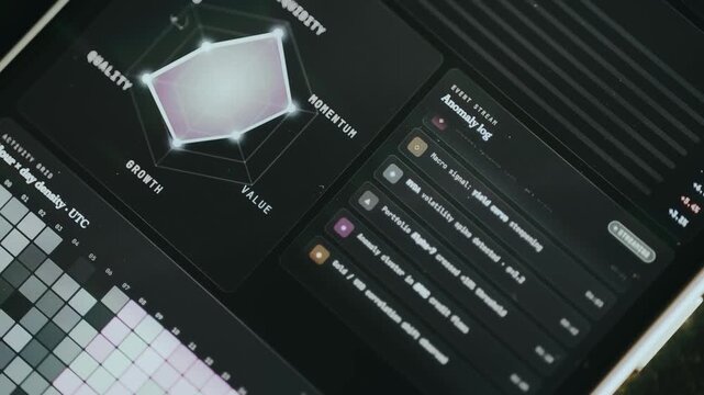 Digital dashboard tracking financial markets with a Radar Chart, Anomaly log and Data visualization