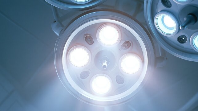 Bright turned on round surgical overhead lamps from below view in operating room representing modern medical surgery and healthcare treatment in hospital
