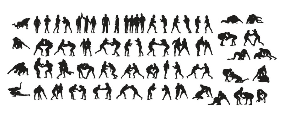 Sambo Fighters Black Silhouettes Set vector illustration