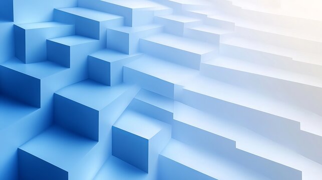 Abstract blue geometric stairs rising up to represent growth and success in a modern digital space