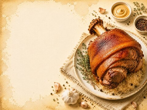 Eisbein recipe background for menu design, artistic food card with ingredients and copy space. German cuisine.