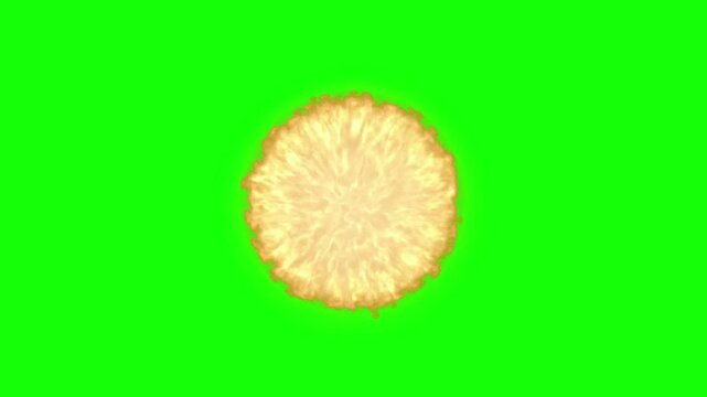 Dynamic explosion effect with bright orange flames and embers bursting outwards against a vibrant green screen background perfect for vfx and compositing