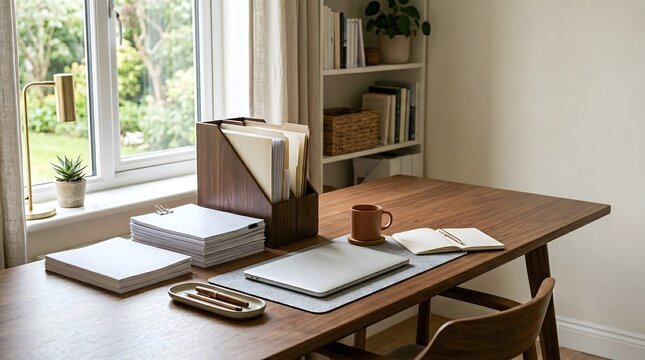organized financial paperwork and insurance document management setup in productive home office workspace copy space