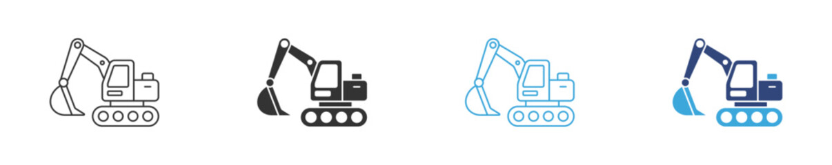 Fototapeta premium Excavator Icon Set, Construction Machine, Heavy equipment, digging machinery, construction vehicle, and industrial engineering vector icons for building and infrastructure projects.