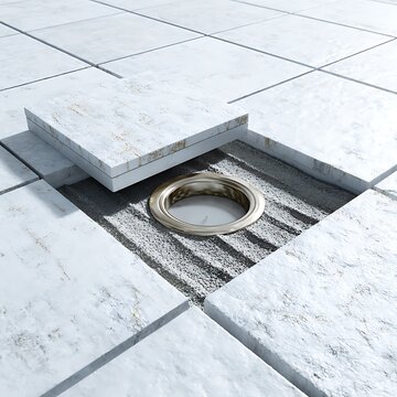 White marble floor tiles revealing a hidden circular metal drain or access point beneath a lifted square tile for minimalist interior design and luxury bathroom renovation projects