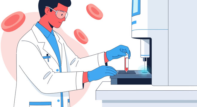 Scientist in Lab Coat Analyzing Blood Sample with Hematology Analyzer Machine