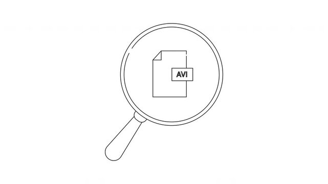 Magnifying glass over AVI file icon, concept of video file search.