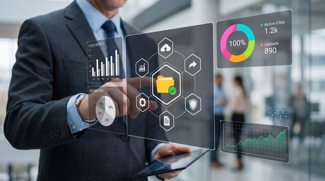 Man in suit managing cloud storage and file distribution system using augmented reality interface with data visualization charts and security icons.