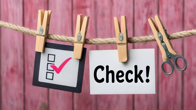 Check mark on note paper hanging on clothesline with scissors.