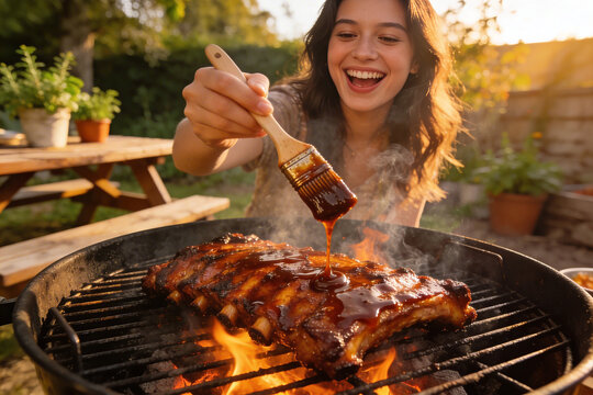 Delicious Glazed Grilled Ribs Cooking on Outdoor Barbecue with High Heat
