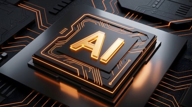 Glowing gold artificial intelligence letters mounted on a high tech computer circuit board processor chip