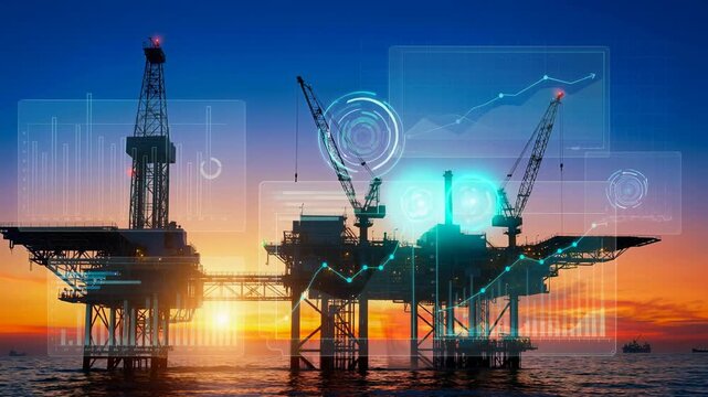 Offshore oil rig at sunset with digital data charts depicting energy industry growth and technology trends