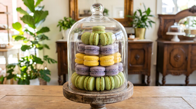 Delicious colorful French macarons stacked in a beautiful pyramid arrangement inside a clear glass cloche dome display on a rustic wooden stand for elegant dessert presentation