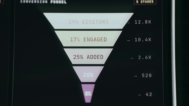 Conversion funnel infographic, 5-stage funnel visual showing data distribution