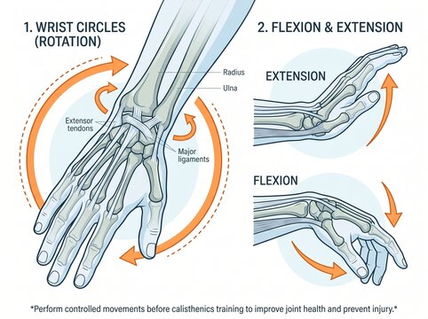 Educational Illustration of Wrist Mobility and Stretching Exercises, Anatomy Diagram showing Tendon Elongation and Range of Motion for Yoga and Gymnastics