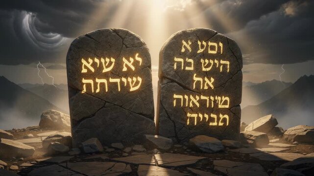 Ancient stone tablets with glowing Hebrew inscriptions on mountain landscape under dramatic sky