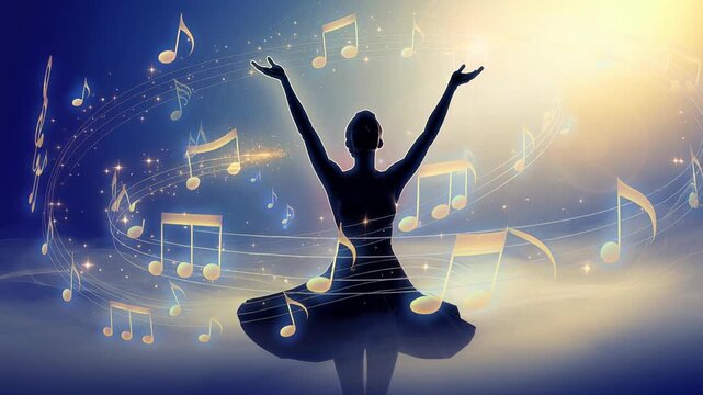Silhouette of a ballet dancer surrounded by glowing musical notes in a dreamy light background