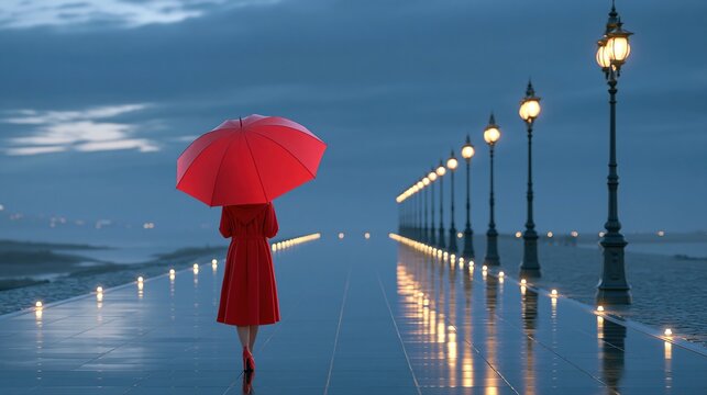 Woman in red coat holding red umbrella walking on wet promenade at dusk with lampposts