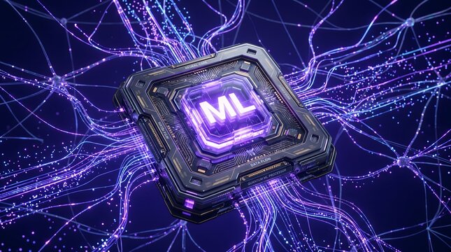 Advanced machine learning processor chip glowing with vibrant purple data connections on a dark background