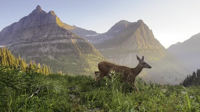 Wild Deer Grazing on Green Hill with Majestic Mountain Peaks and Sunrise Background