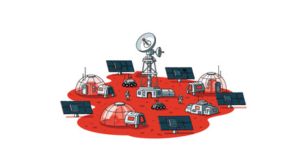 Martian settlement with geodesic domes, solar panels, and communication towers on red terrain, symbolizing interplanetary exploration and research.