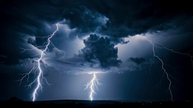 Powerful lightning storm at night with dramatic dark clouds and multiple bright lightning strikes over landscape