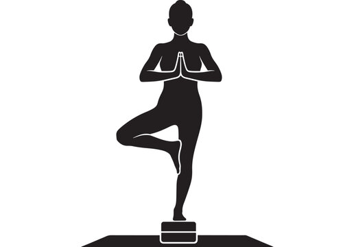 Woman yoga silhouette standing on block with one leg bent, hands together in prayer on white background