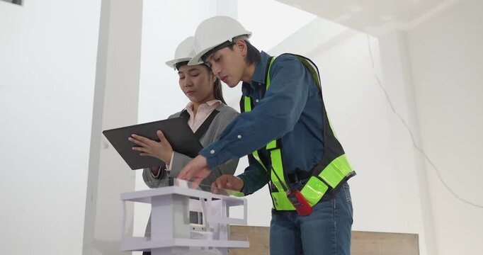 Male engineer and female architect review a building model, blueprints and a digital device at a residential construction site, planning design coordination and project development.
